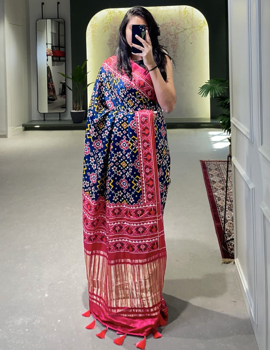 Navy blue gaji silk patola print saree
