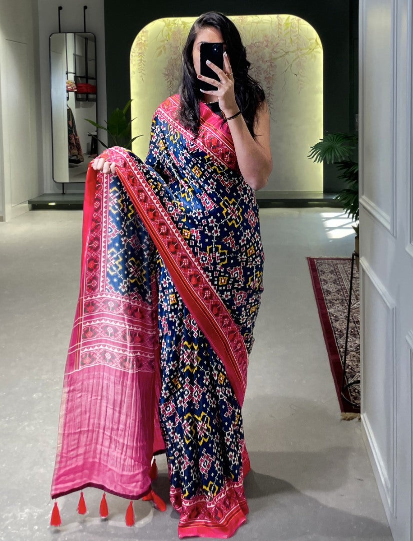 Navy blue gaji silk patola print saree