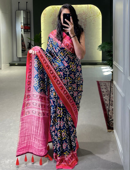 Navy blue gaji silk patola print saree