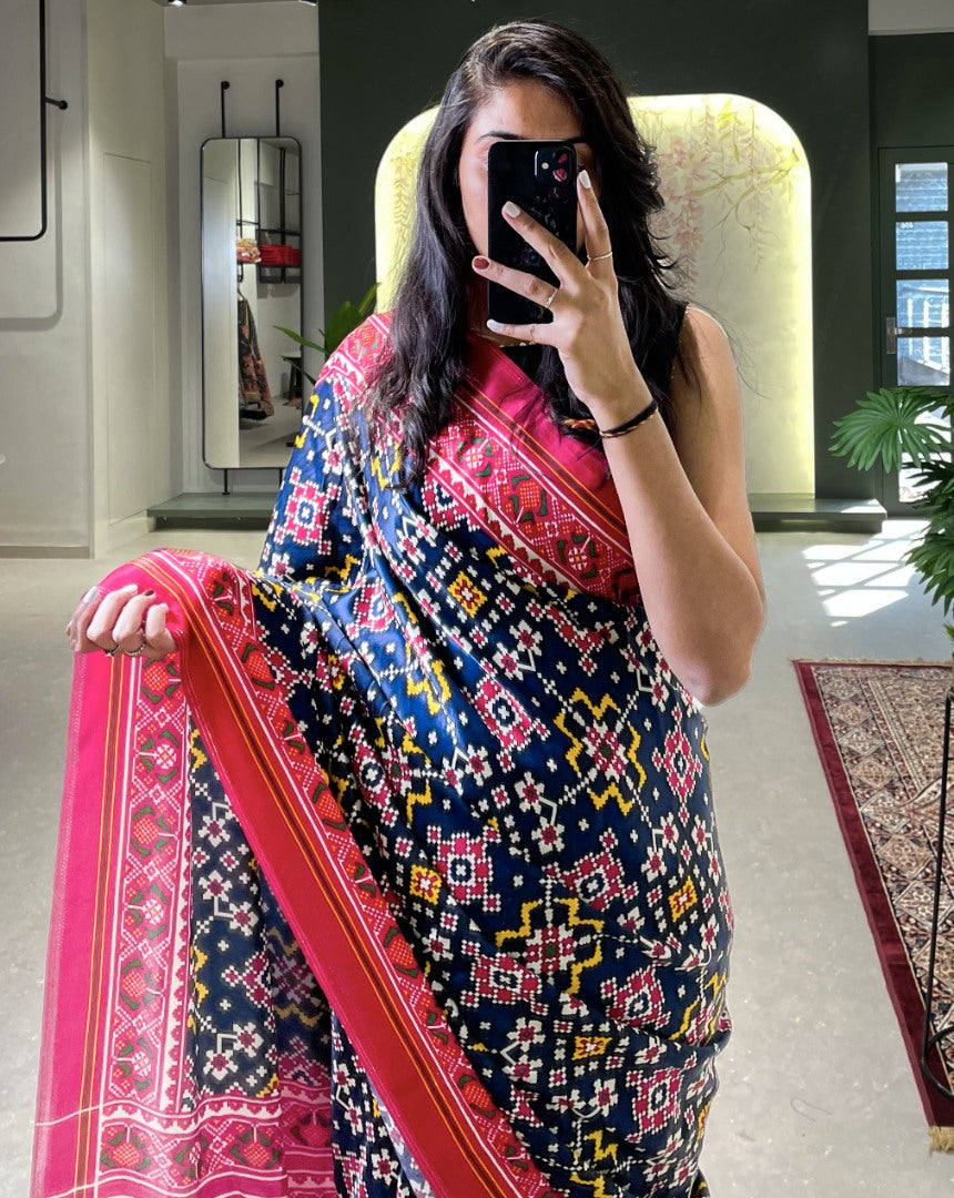 Navy blue gaji silk patola print saree