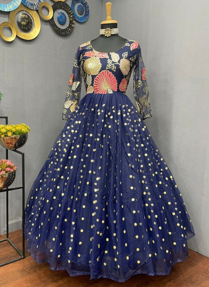 Navy blue georgette and soft net embroidered gown