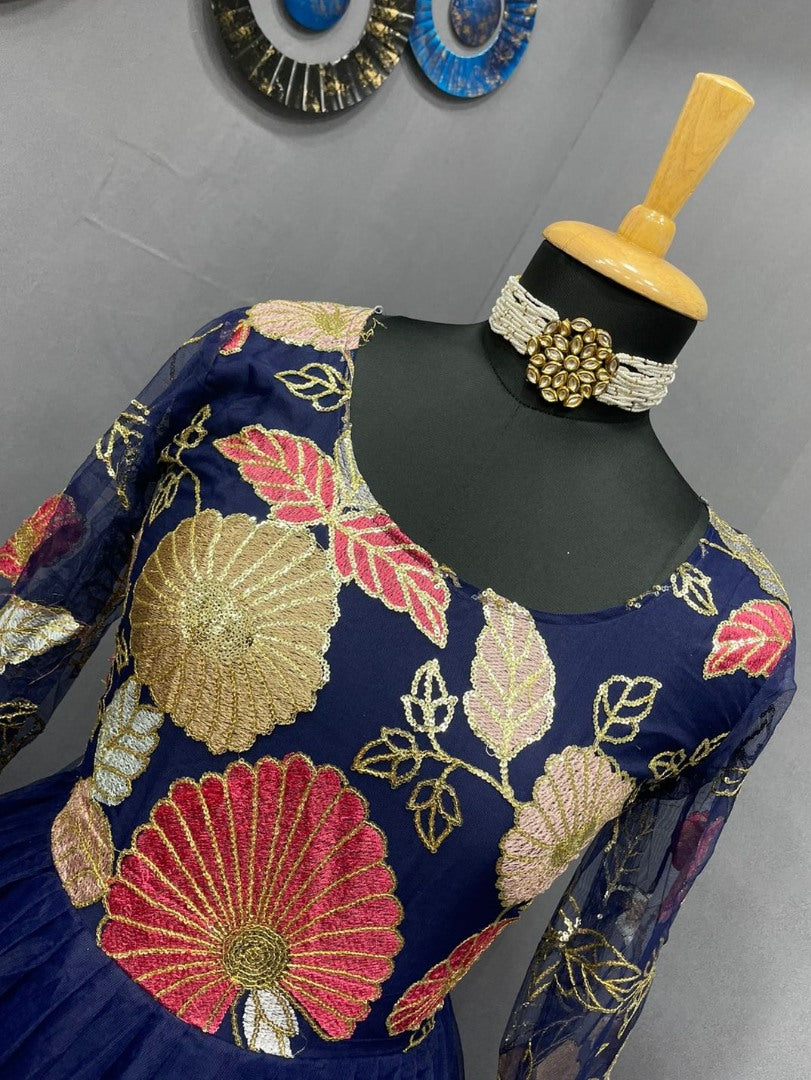 Navy blue georgette and soft net embroidered gown