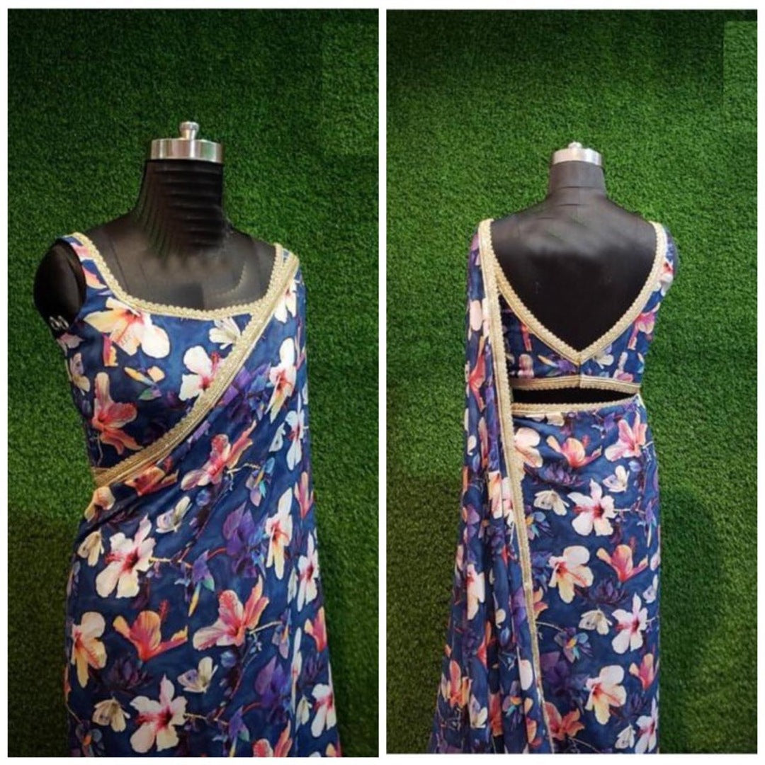 Navy blue georgette beautiful flower printed saree