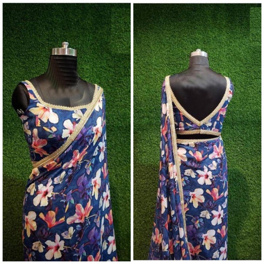 Navy blue georgette beautiful flower printed saree