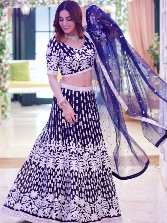 Navy blue georgette chine stitch work party wear lehenga choli