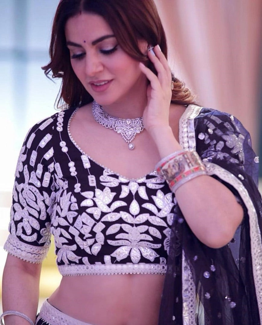 Navy blue georgette chine stitch work party wear lehenga choli