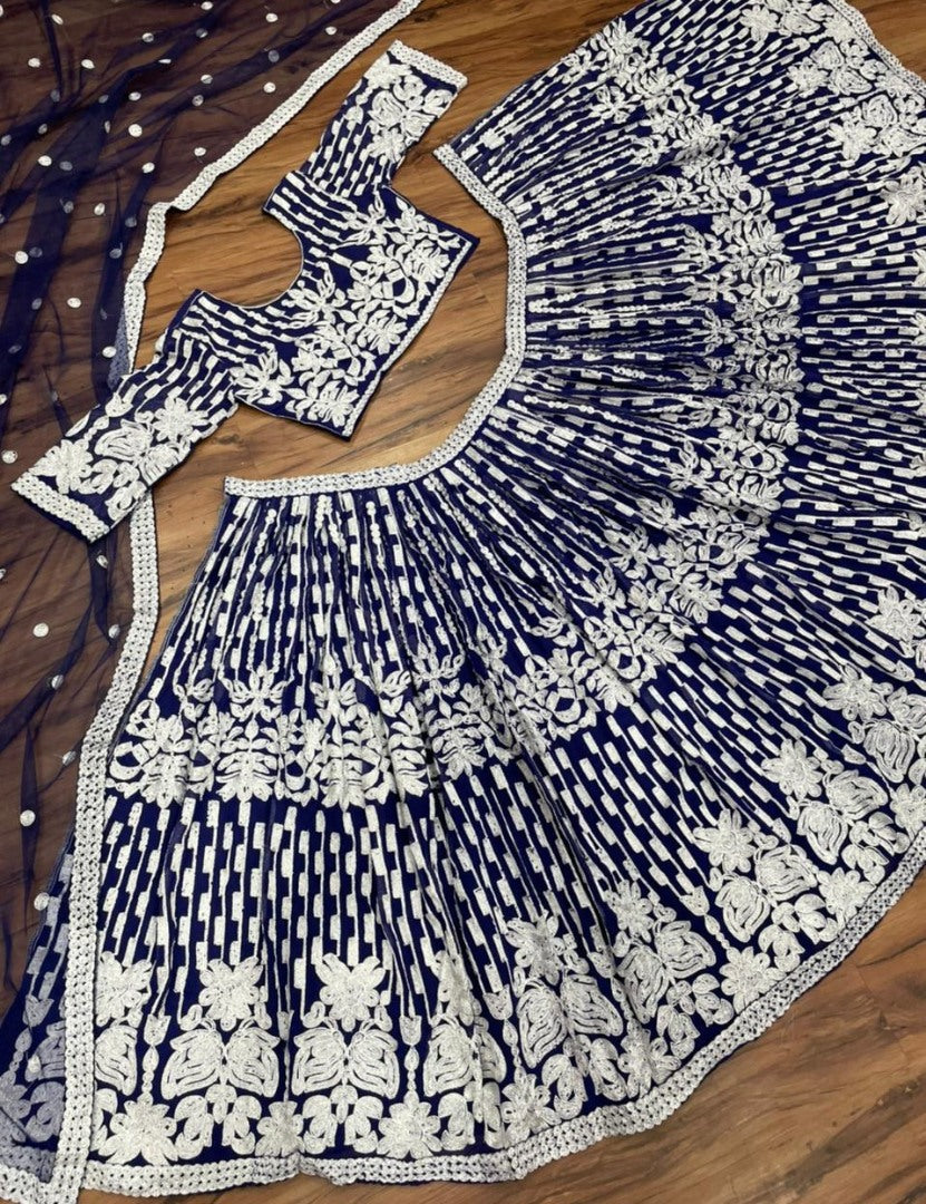 Navy blue georgette chine stitch work party wear lehenga choli