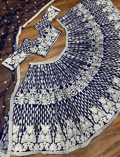 Navy blue georgette chine stitch work party wear lehenga choli