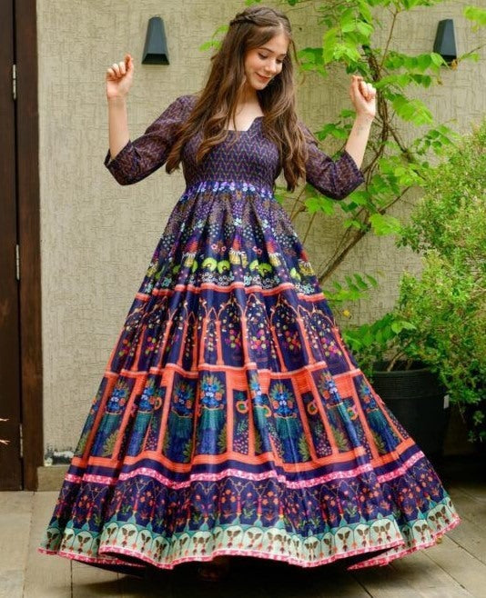 Navy blue georgette digital printed gown