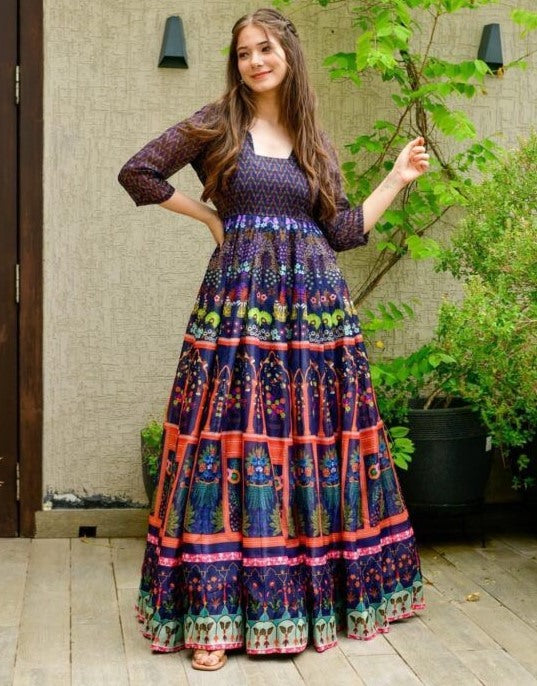 Navy blue georgette digital printed gown