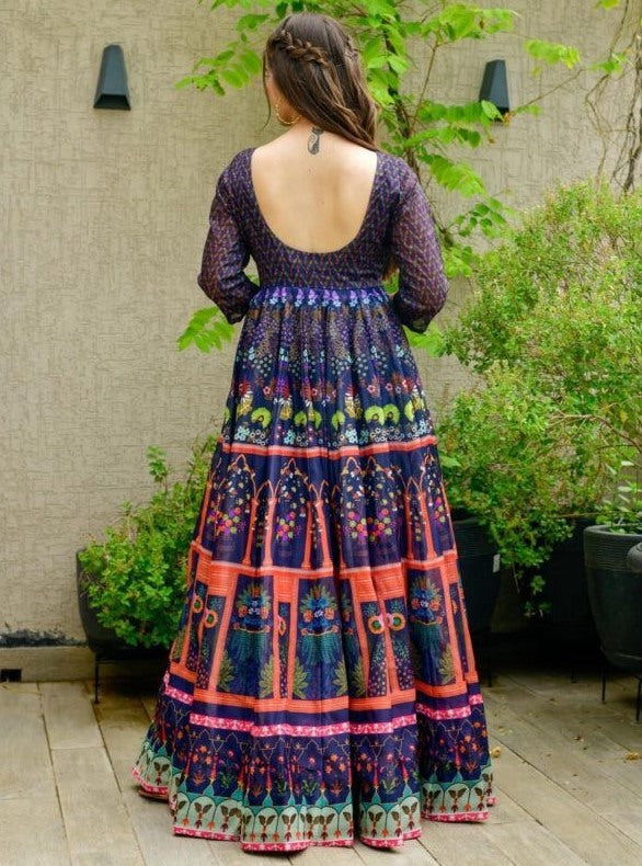 Navy blue georgette digital printed gown