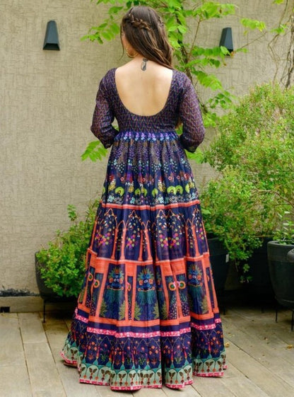 Navy blue georgette digital printed gown