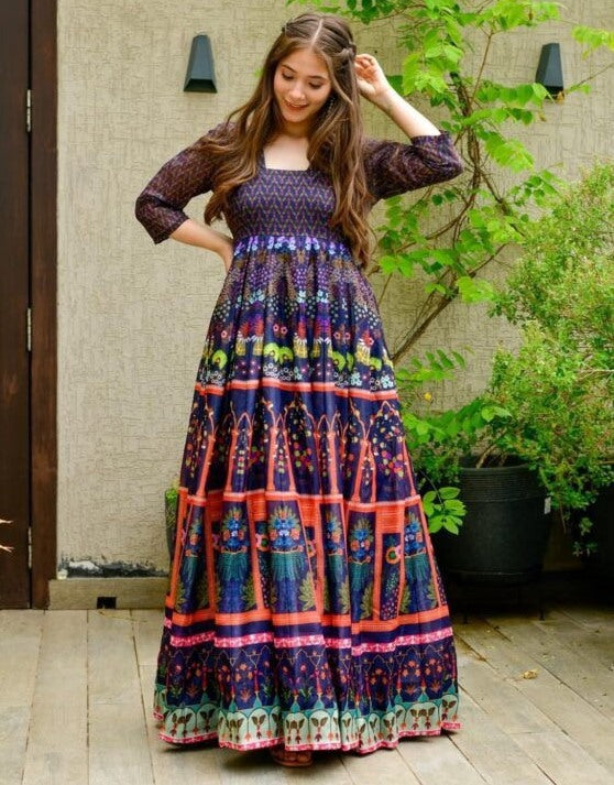 Navy blue georgette digital printed gown