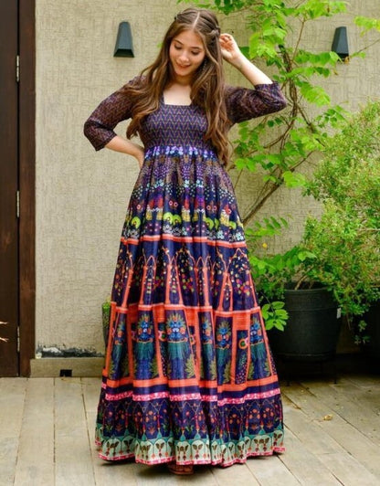 Navy blue georgette digital printed gown