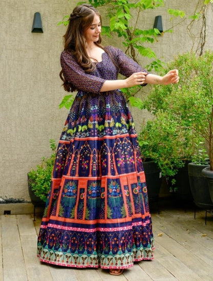 Navy blue georgette digital printed gown