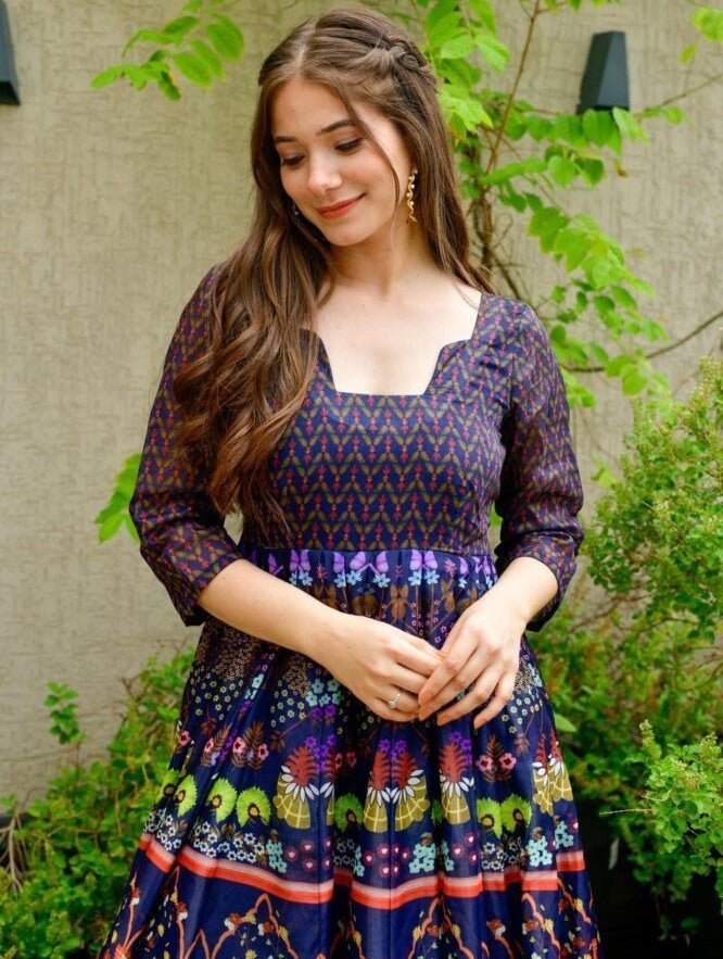 Navy blue georgette digital printed gown