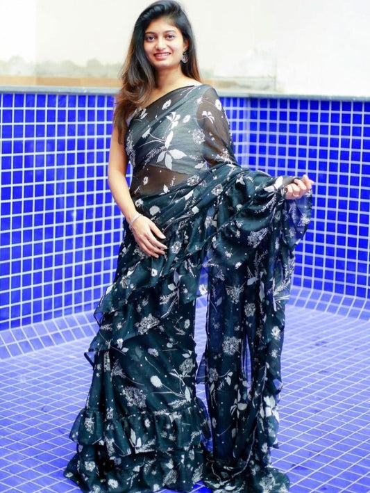 Navy blue georgette digital printed work ruffle saree