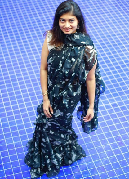 Navy blue georgette digital printed work ruffle saree