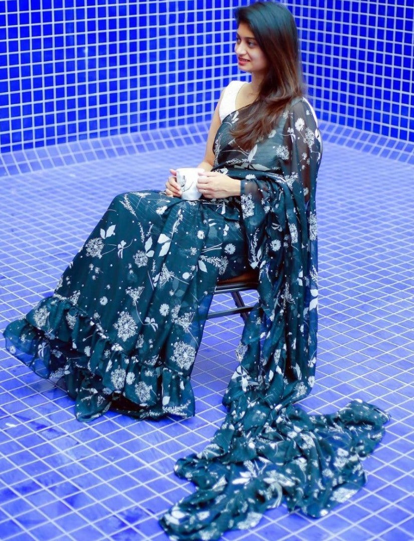 Navy blue georgette digital printed work ruffle saree