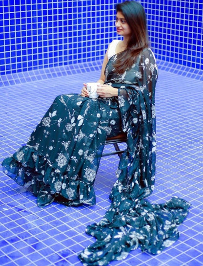Navy blue georgette digital printed work ruffle saree