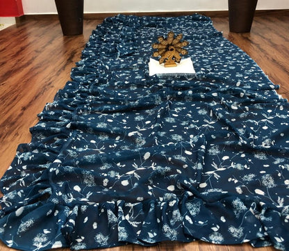 Navy blue georgette digital printed work ruffle saree