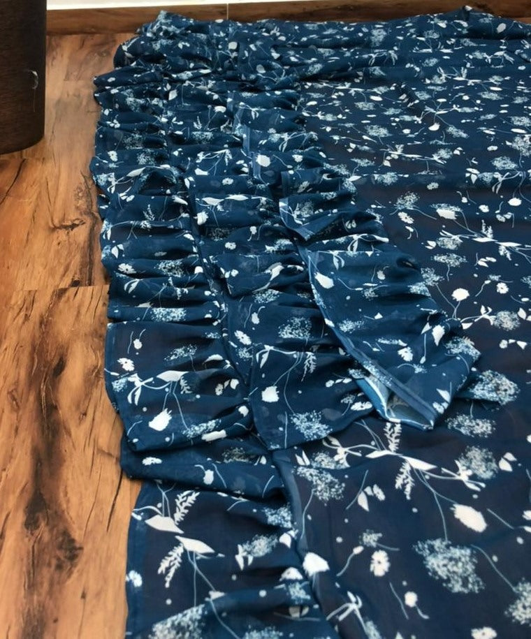 Navy blue georgette digital printed work ruffle saree
