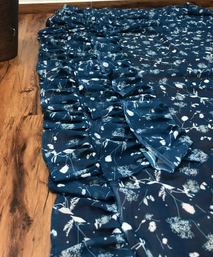 Navy blue georgette digital printed work ruffle saree