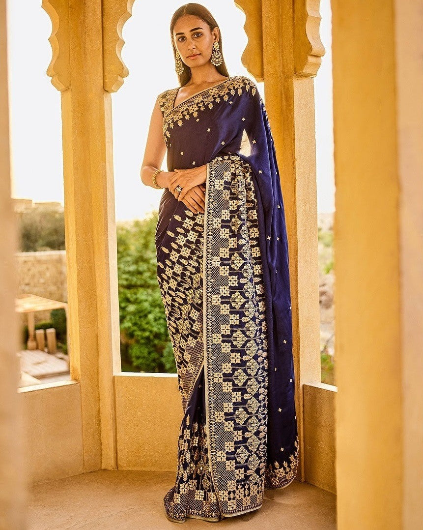 Navy blue georgette dori embroidered wedding saree