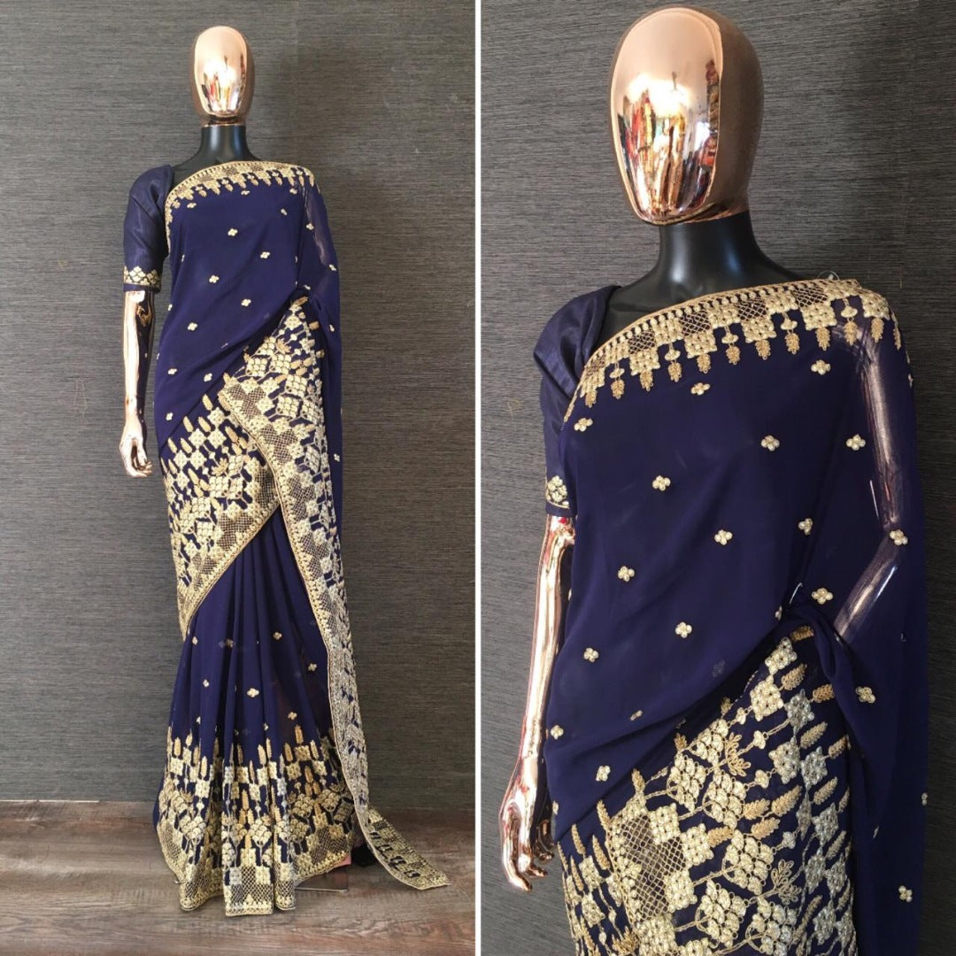 Navy blue georgette dori embroidered wedding saree