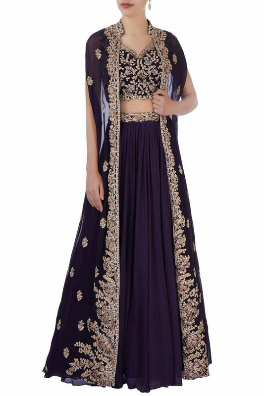 navy blue georgette embroidered indowestern lehenga with shrug