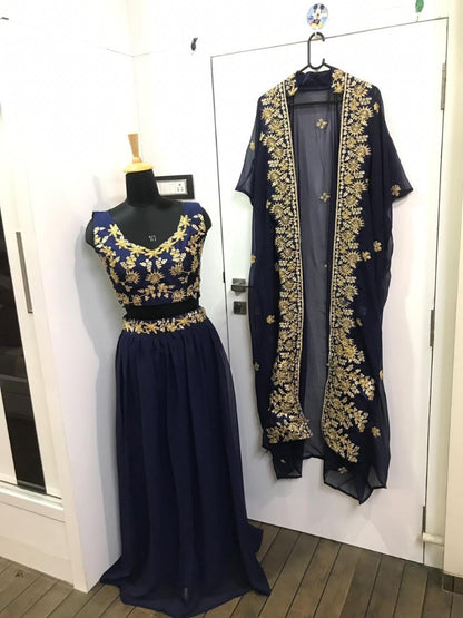 navy blue georgette embroidered indowestern lehenga with shrug