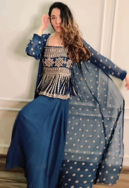 Navy blue georgette embroidered indowestern plazzo suit with shrug