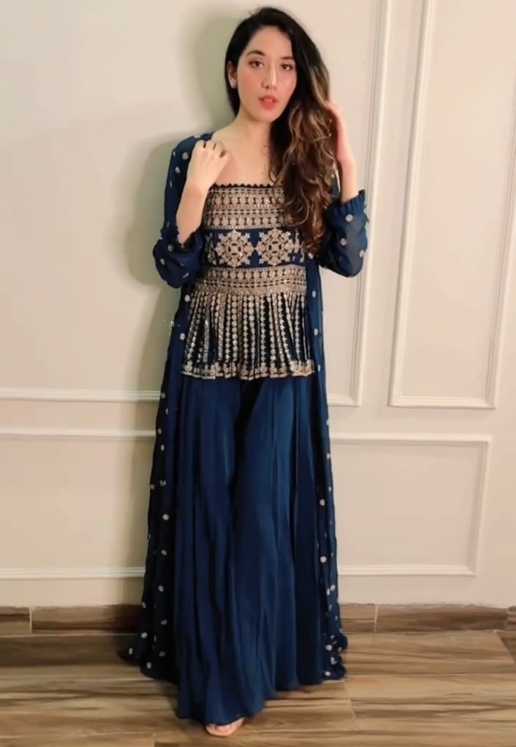 Navy blue georgette embroidered indowestern plazzo suit with shrug