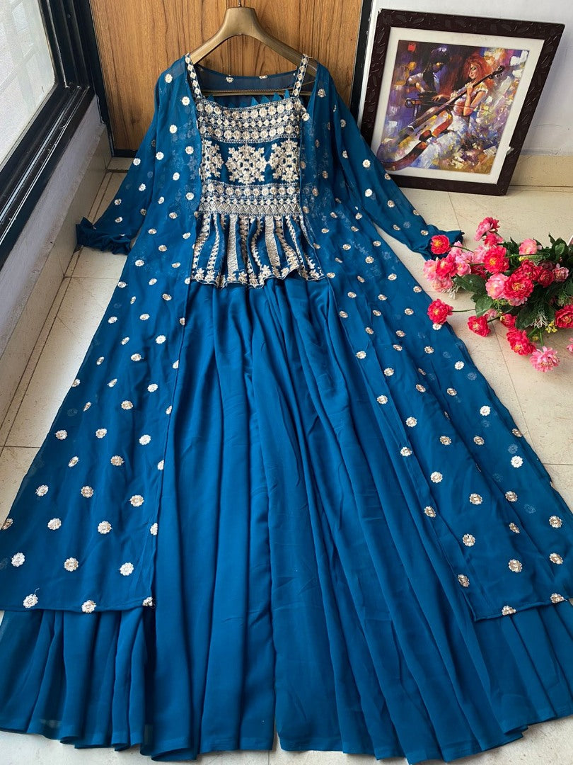 Navy blue georgette embroidered indowestern plazzo suit with shrug