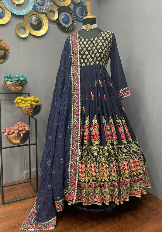 Navy blue georgette embroidered long anarkali suit