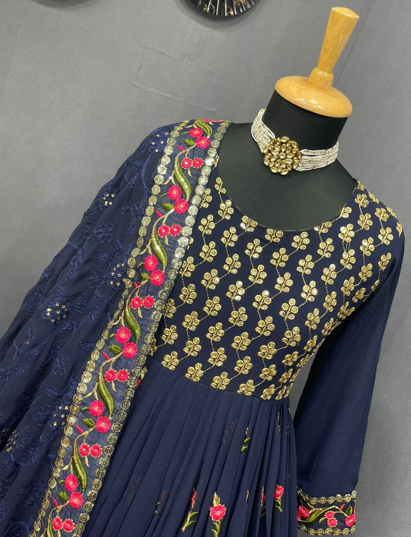 Navy blue georgette embroidered long anarkali suit