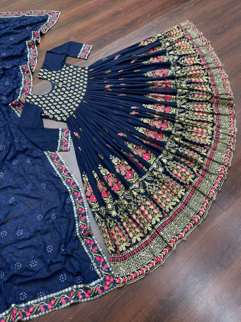 Navy blue georgette embroidered long anarkali suit