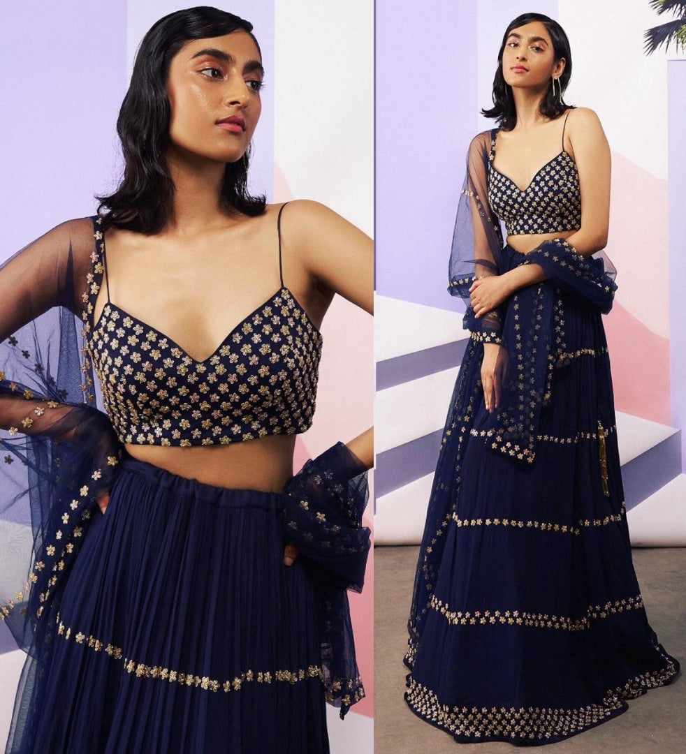 Navy blue georgette embroidered partywear lehenga choli