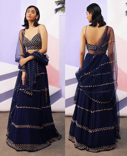 Navy blue georgette embroidered partywear lehenga choli