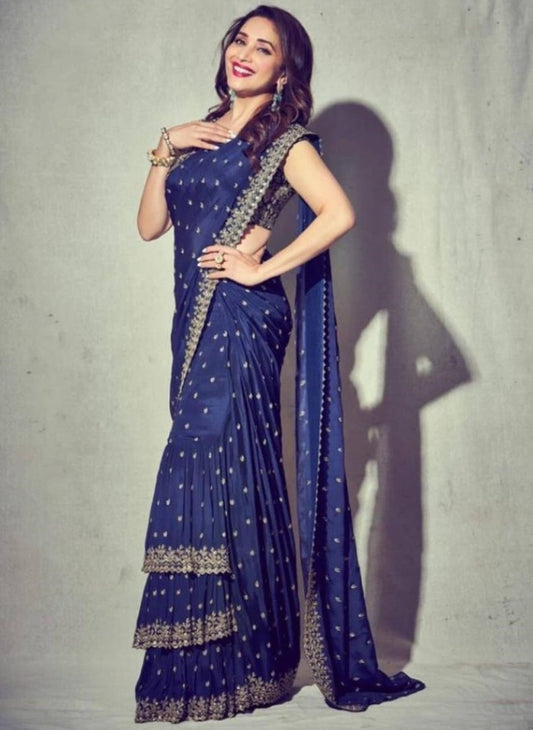 Navy blue georgette embroidered partywear saree