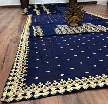Navy blue georgette embroidered partywear saree
