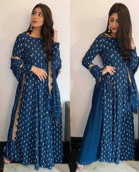 Navy Blue georgette embroidered salwar suit with plazzo