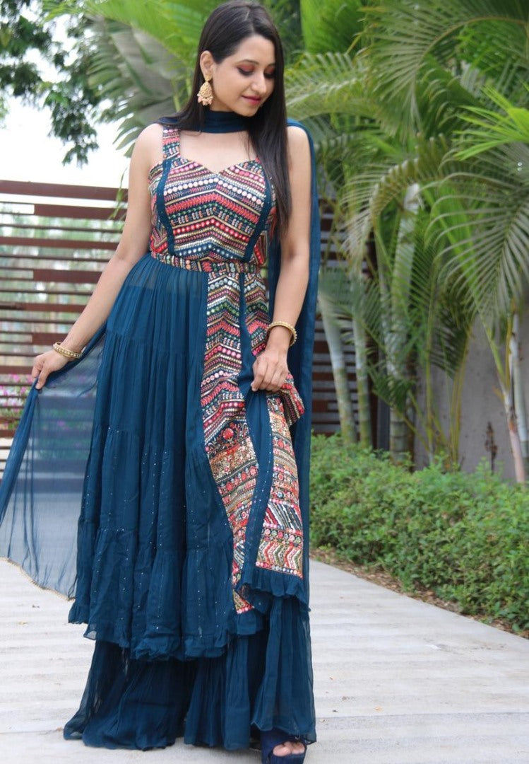 Navy blue georgette embroidered sequence work kurti with plazzo