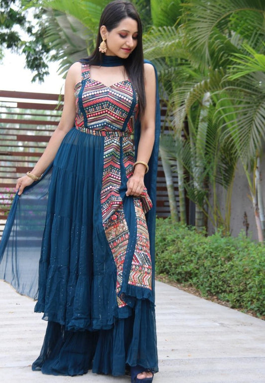 Navy blue georgette embroidered sequence work kurti with plazzo