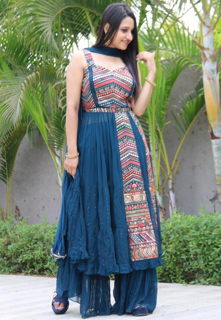 Navy blue georgette embroidered sequence work kurti with plazzo