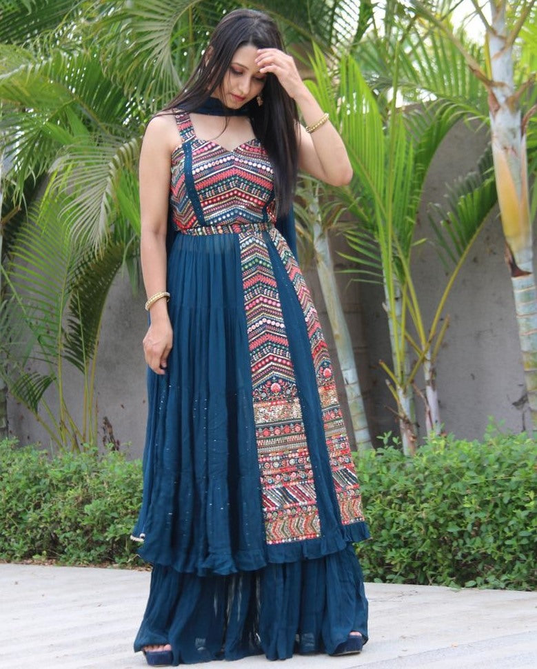 Navy blue georgette embroidered sequence work kurti with plazzo