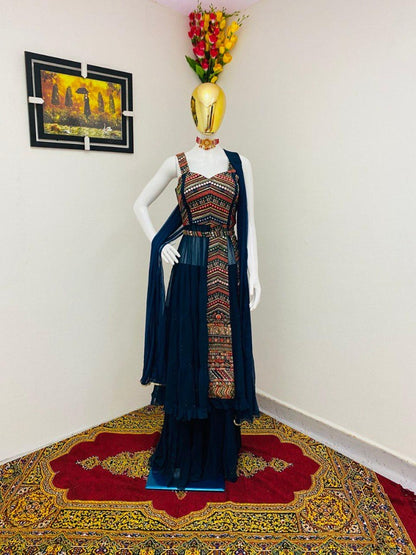 Navy blue georgette embroidered sequence work kurti with plazzo