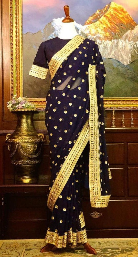 Navy blue georgette embroidered wedding saree
