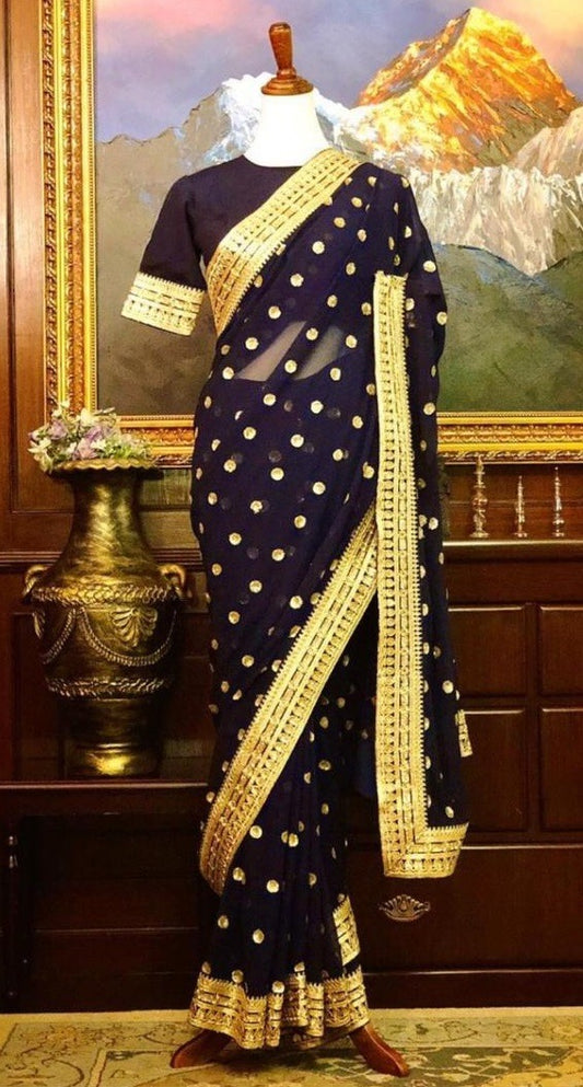 Navy blue georgette embroidered wedding saree