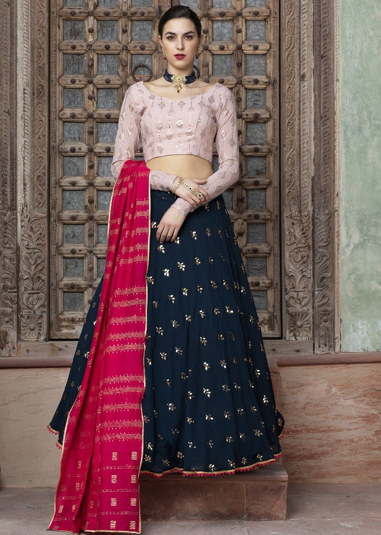 Navy blue georgette fancy sequence work bridal lehenga choli